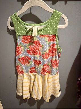 Matilda Jane Green Polka Dot & Red Rose Peplum Tank with Yellow Stripe